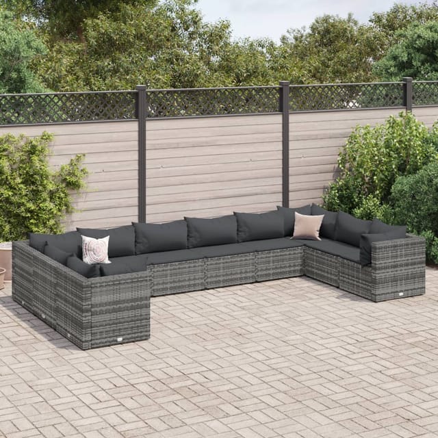 vidaXL 10-tlg Garten-Lounge-Set mit Kissen Grau Poly Rattan Modell 72