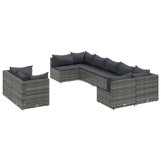 vidaXL 9-Tlg Garten-Sofagarnitur mit Kissen Grau Poly Rattan 3308298