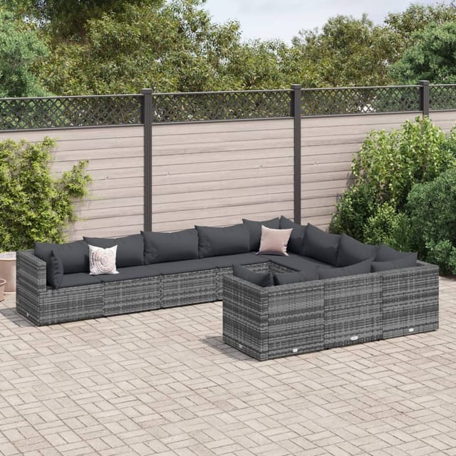 vidaXL 10-Tlg Garten-Sofagarnitur mit Kissen Grau Poly Rattan 3308330