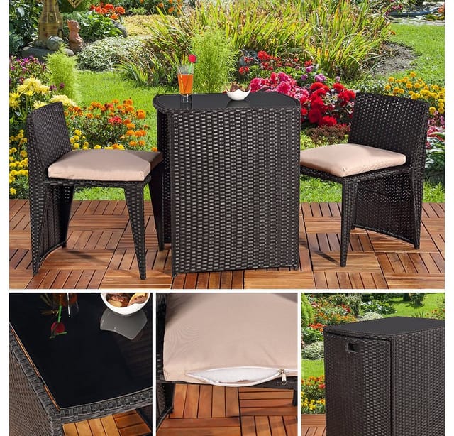 Feel2Home Garten-Essgruppe 3tlg. Polyrattan Balkonset Gartenset Sitzgruppe Gartenmöbel, (Set, Balkonset 3tlg), 2 Stühle 1 Tisch