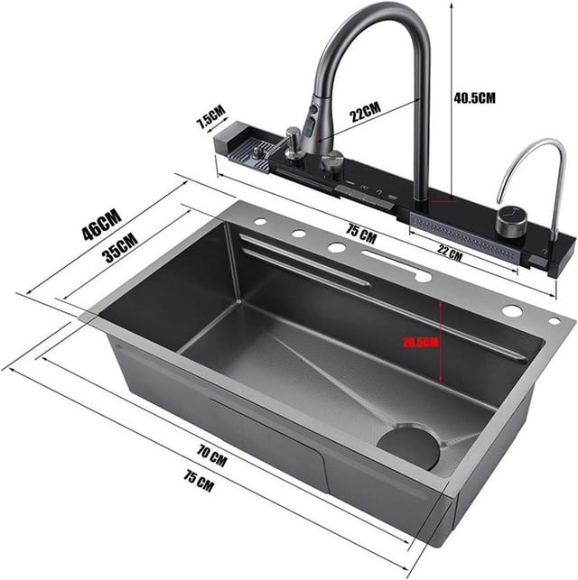 Faizee Home Küchenspüle Nano Wasserfall Geschirrspülbecken 75x45 cm mit Armatur