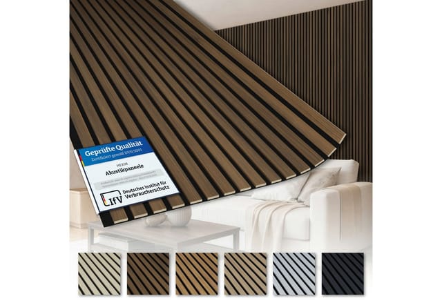 AKUSTIKO Wanddekoobjekt AK02 (Lamella Akustikpaneele 4 Stück 280x60cm - flexible Filz MDF Wandpaneele fugenlos - überlappende Holz Lamellenwand modern braun - Akustik Wandverkleidung von HEXIM (6.72m² Dark Walnut)