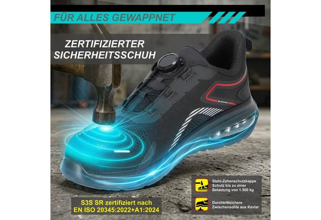 ELIWORX Sicherheitsschuhe S3S SR mit Schnellverschluss - Arbeitsschuhe Herren EN ISO 20345:2022+A1:2024 - Mit Stahlkappe - Herausnehmbares Fußbett