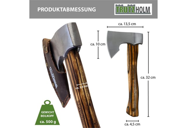 TRUTZHOLM Beil Vintage Stahl Hickoryholz geflammt 500 g Kopf 320 mm lang Spaltbeil, ergonomischer Griff