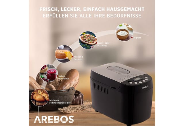 Arebos, mit 15 Programmen, 2 Knethaken, Timer, LCD Display, 15 Programme, 850 W, 3 Brotgrößen (1000/1250/1500 g)