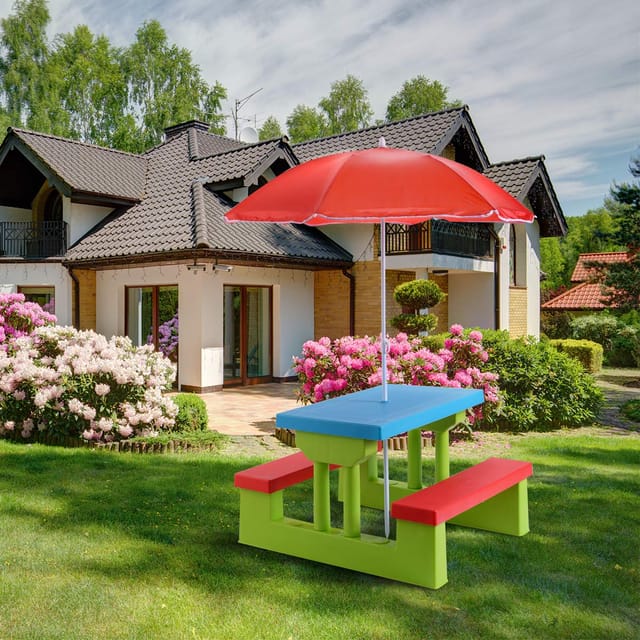 Costway Sitzgruppe Kinder Sitzgarnitur Kindermoebel Mit Sonnenschirm Kindertisch Picknickbank Bank