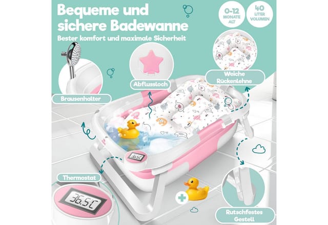 Kidiz® Baby Badewanne Babywanne Platzsparend & Faltbar Badebecken Duschwanne Für Neugeborene Kleinkinder 0-24 Monate Reisedusche Tragbar Für Babys Mit Thermostat & Kissen - Rosa
