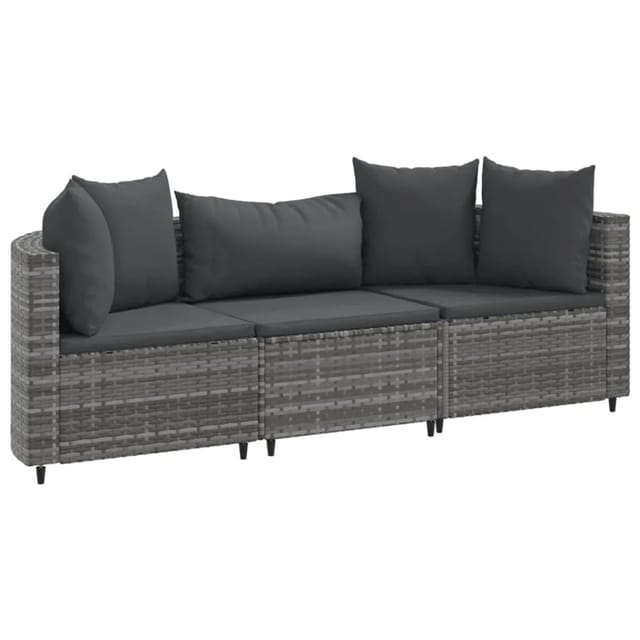 vidaXL 3-tlg Garten-Sofagarnitur mit Kissen Grau Poly Rattan Modell 10