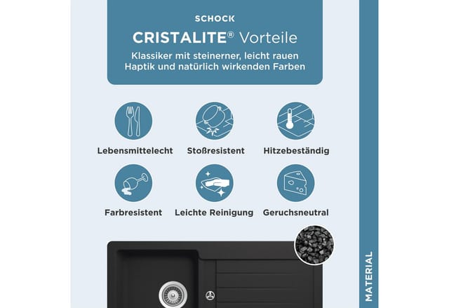 Schock Typos D-100 S, rechteckig, 86/43,5 cm, mit Ablauf und Abtropffläche, links und rechts einbaubar