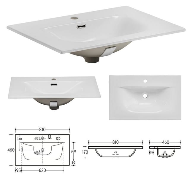 Lomadox Waschtisch TEMUCO-56-WALNUT, 80 cm breit in Walnuss mit Rahmenfräsung, wandhängend