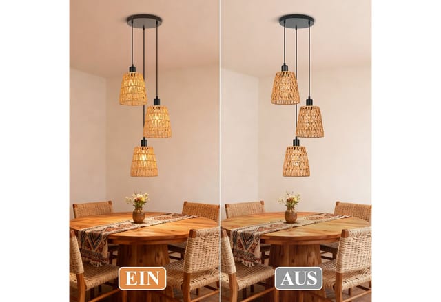 ZMH Pendelleuchte Hängelampe Boho Pendelleuchte Rattan 1/3 Flammig Vintage Geflochten, ohne Leuchtmittel