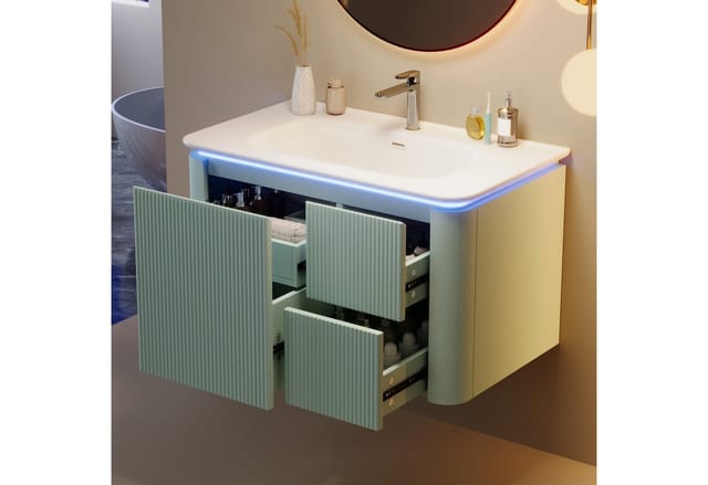 Flieks LED-Radarsensor Waschbeckenunterschrank inkl. Waschbecken (wandhängend, Badschrank mit Led-Beleuchtung Waschplatz Badzimmer, 1-St., B80,5xT47,5/H51 cm), Badmöbel-Set Badzimmerschrank mit 4 Schubladen Volllackierung Mintgrün