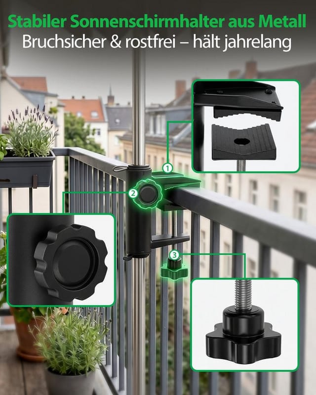 Sekey Sonnenschirmhalter Balkongeländer für Geländer 19-38 mm, für Stöcke bis Ø 38 mm