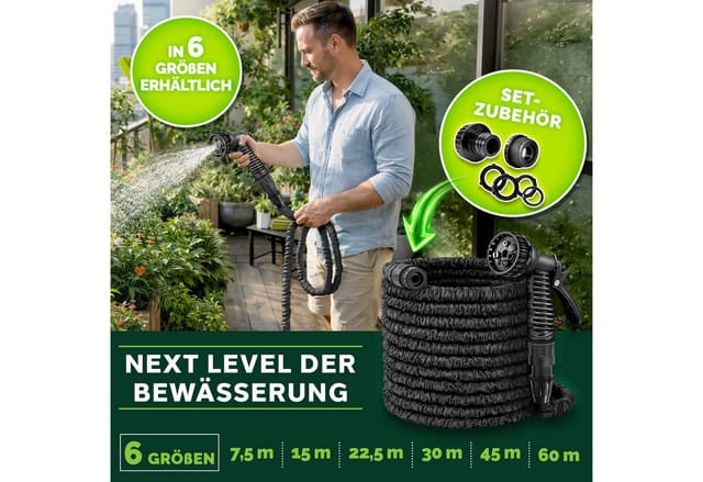 TRESKO Flexibler Wasserschlauch Garten kein verknoten, dehnbarer Flexischlauch Multifunktionsbrause mit 7 Funktionen