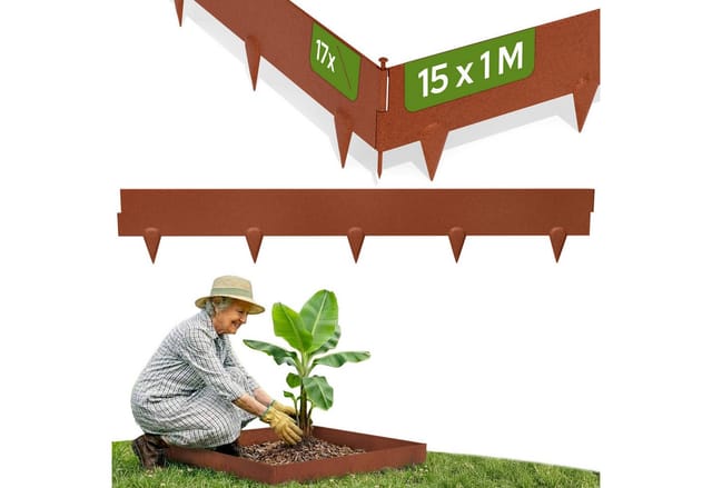 Arebos Cortenstahl Rasenkante 15m – flexible Beet & Rasenbegrenzung, Rostpatina, wetterfest, stabil, flexibel, einfache Montage