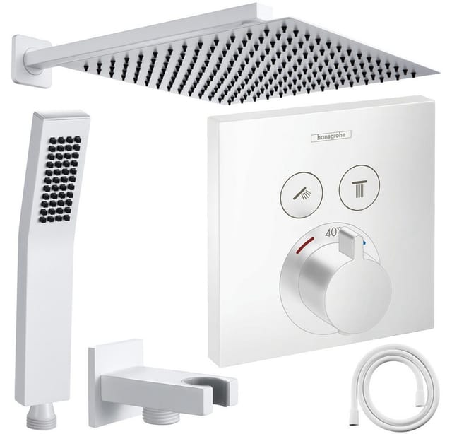 Hansgrohe und Jowi Duscharmatur ShowerSelect Unterputz Duscharmatur, Thermostat, Weiß, Regendusche (Unterputz-Duschsystem, Set) Mattweiß, Thermostat