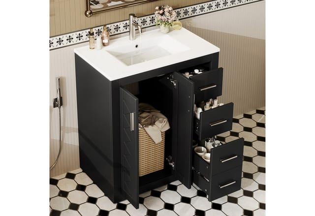 Flieks Waschtisch Waschbeckenunterschrank inkl. Keramik-Waschbecken (B76/T46,5/H85,5 cm, 1-St., bodenstehend), Badmöbel-Set Badzimmerschrank mit 3 Schubladen und 2 Türen