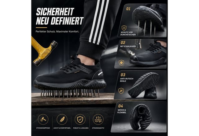 ARMORAX Sicherheitsschuhe mit Stahlkappe unisex, Sicherheitsschuh schwarz flexibler Sicherheitsschuh mit Stahlkappe