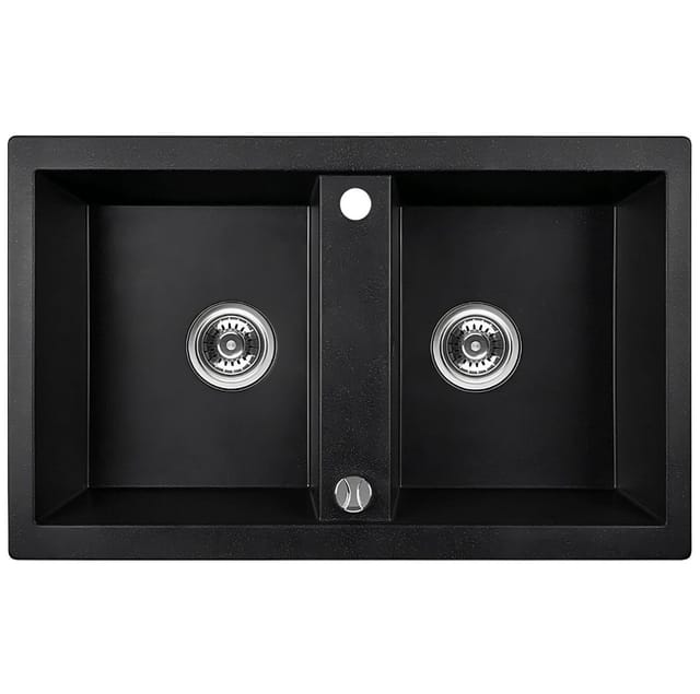 KOLMAN Küchenspüle Doppelbecken Barbados Granitspüle, Rechteckig, 48/78 cm, Schwarz, Space Saving Siphon GRATIS