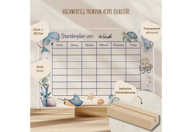 MeinBaby123® Schreibtischkalender Einschulung, Stundenplan Acrylglas transparent, Stundenplan abwischbar, Schulanfang Geschenk, inkl. Holzhalterung