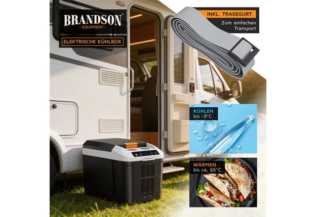 Brandson Elektrische Kühlbox 14 L, Kühlt & hält Warm, von max. -9 bis +65°C, für Mittelkonsole, 14 l, 230 V Netzspannung und 12 V KFZ Auto Bordspannung, mit Getränkehalter