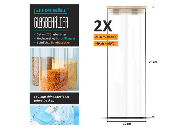 Arendo Aufbewahrungsbecher Glasbehälter 2x 2,2L & 2x 1,57L Borosilikat, Bambusdeckel, luftdicht, Borosilikatglas, Bambus, Silikon, (Vorratsbehälter-Set, 4-tlg., 4er Set), Hitzebeständig, umweltfreundlich, langlebig, mikrowellengeeignet