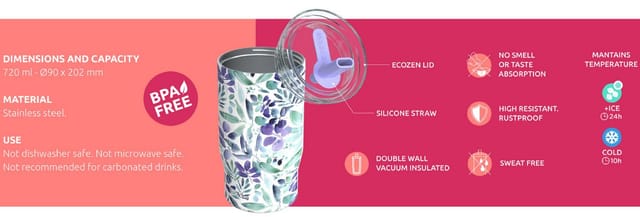 Quokkabottle Thermobecher Isolierbecher Edelstahl mit Strohhalm, doppelwandig, 720 ml, Isoliert