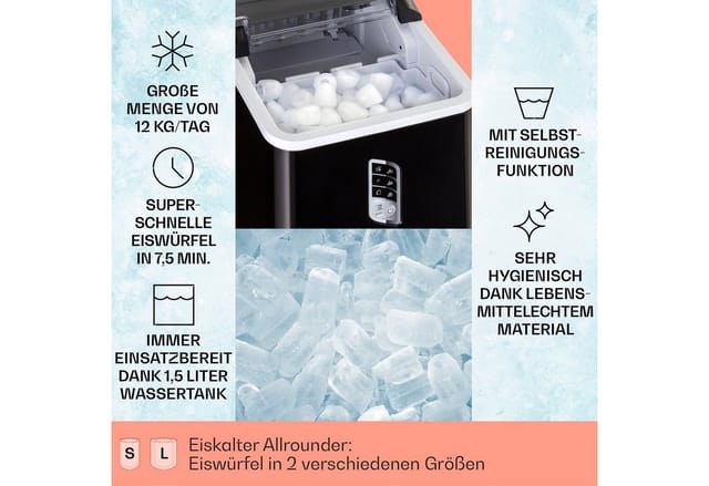 Klarstein Albaron Eiswürfelbereiter, Bulleteis für Zuhause 12kg/Tag LCD Display 1..5 L Ice Maker