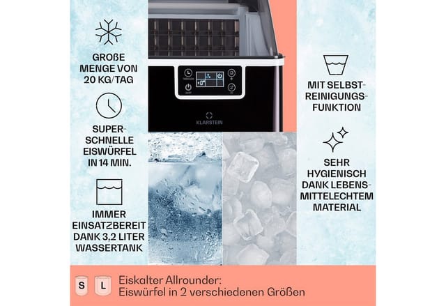 Klarstein Chios Eiswürfelbereiter, Edelstahl für Zuhause 20kg/Tag LCD Display 3,2 L Ice Maker