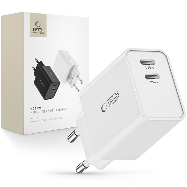 TECH PROTECT C35W USB-Ladegerät (3000 mA, Einzelartikel, 1 x Tech-Protect C35W Netzladegerät, Kompaktes Dual-USB-C Schnellladegerät 35 W)