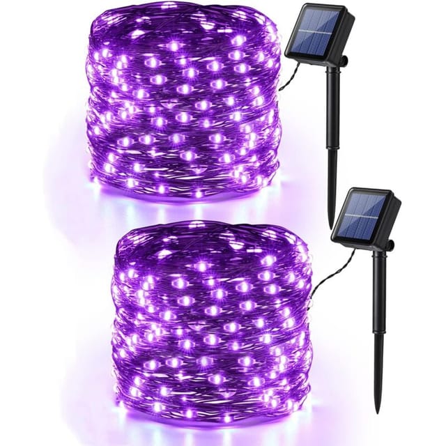 [niemals Verwendet] 2er-pack Halloween-solar-lichterketten, 12 M, 100 Leds, Kupferdraht, Solarbetrieben Für Den Außenbereich, Lila, Wasserdicht, 8 Modi