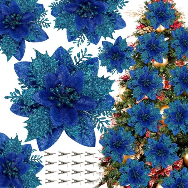 [niemals Verwendet] Set Mit 50 Weihnachtsdekorationen, Funkelnden Künstlichen Blumen Mit Clips, Christbaumschmuck, Künstlichen Blumenanhängern