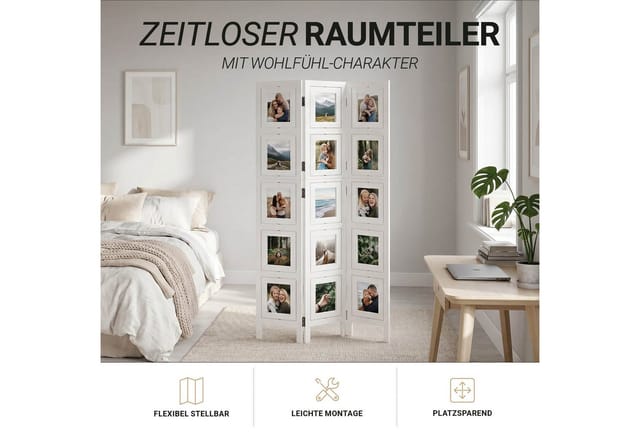 Homestyle4u 3-tlg. Paravent in Weiß 93x161 cm 762