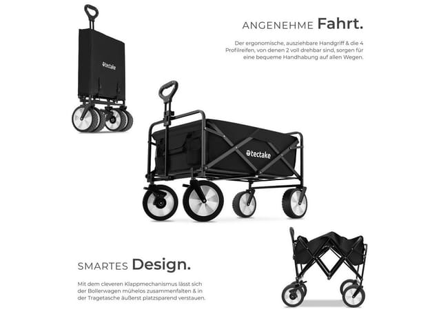 Tectake Bollerwagen Leon Faltbar Mit Bremsen und Gummierten Kunststoffrädern 91 x 53 50 x 101 cm Schwarz