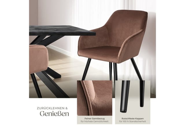 Tectake Esszimmerstuhl Marilyn Gepolstert In Samtoptik Durchgehende Lehne 2Er Set 62 x 58 x 82 cm Braun Schwarz