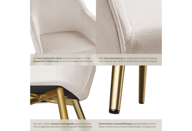 Tectake Esszimmerstuhl Marilyn Gepolstert In Samtoptik Durchgehende Lehne 4Er Set 62 x 58 x 82 cm Taupe Gold