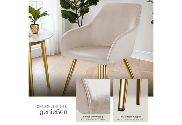 Tectake Esszimmerstuhl Marilyn Gepolstert In Samtoptik Durchgehende Lehne 6Er Set 62 x 58 x 82 cm Taupe Gold