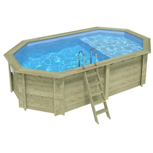 ALTANKA Holzpool Nemo 5,79x3,49 Höhe 1,45 m HELLBLAU mit Liegefläche mit Einzubetonierendem Profil BAS7304OSPI+PLA304