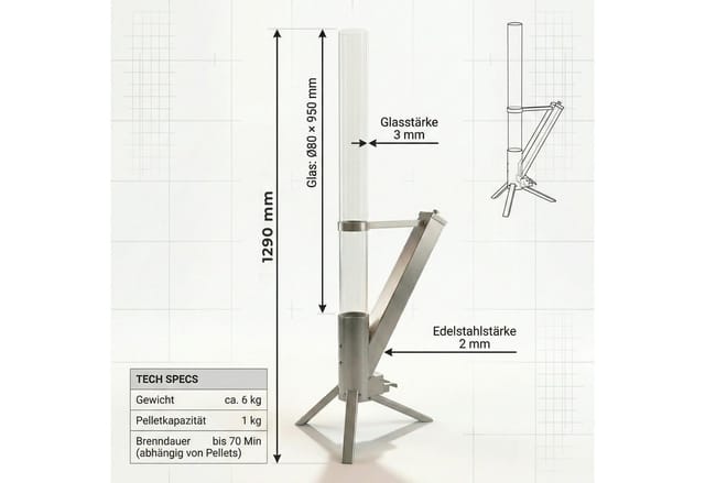 Albatros Pelletfackel Edelstahl mit Glasrohr Rocket Stove Holzpellet 70 Min Brenndauer