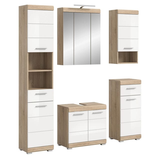 Badkombi Lambada inkl. Beleuchtung Eiche/Weiß Hochglanz 164 cm 6-tlg.