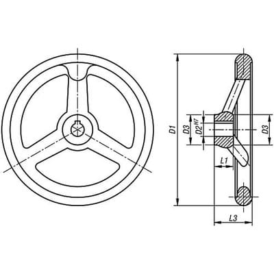 HANDRAD DIN950, D1=500 PASSBOHRUNG MIT NUT D2=40H7, B3=12, T=43,3, ALUMINIUM, OHNE GRIFF