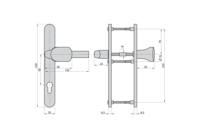 BASI Türbeschlag Wechsel-Garnitur (Packung), Schmalrahmenbeschlag PZ 92/8 mm, Alu Edelstahlfarben, Türen 45-82 mm