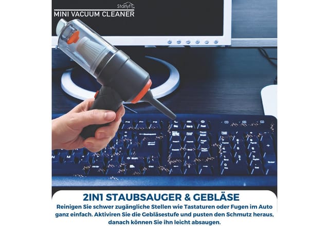Starlyf Akku-Handstaubsauger Mini Vacuum Cleaner, 45,00 W, beutellos, 2in1 Staubsauger mit Gebläse ideal für Auto & Computer, 1200 mAh