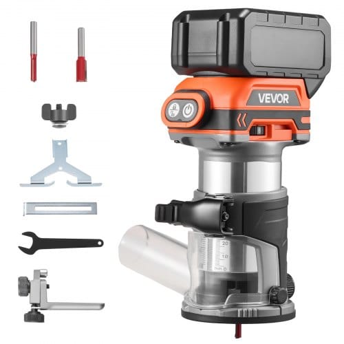 VEVOR Akku-Kantenfräse, Bürstenloser Motor, Kompakte Oberfräse mit Variabler Drehzahl & Fester Basis, 6,35 mm Spannzange, Einhandfräse für die Holzbearbeitung, 18V, Li-Ion (Lieferung ohne Akku)