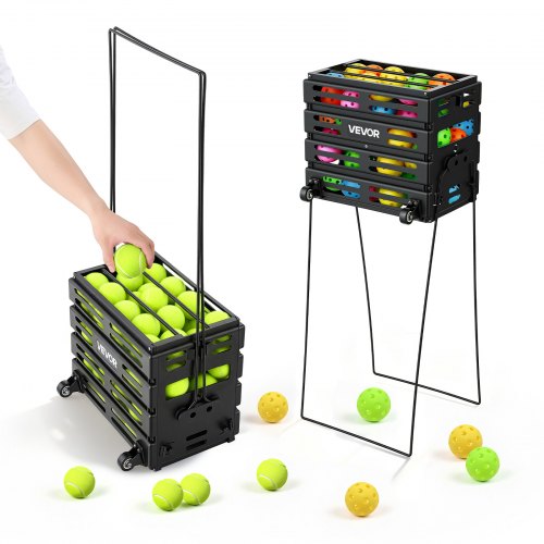 VEVOR Tennisballkorb mit Rollen, Tennisballsammler mit Rahmen aus Kohlenstoffstahl & Kunststoffkorb, Sammelkorb für 80 Tennisballs, Tragbarer Tennisballwagen für Training Ballsammeln Verein, Schwarz