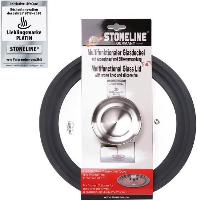STONELINE® Universal Glasdeckel, mit Silikonrand & Aromaknauf für einen Durchmesser von 24/26/28 cm