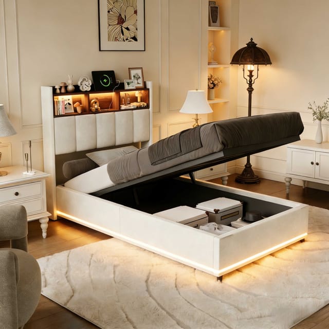 Einzelbett 90x200 Cm Mit Seitlichen Staufächern - Hydraulischer Stauraum - Seitliches Lichtband - Verstellbare Led-beleuchtung, Usb-/type-c-anschluss