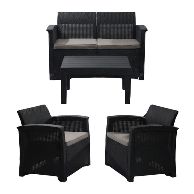 Relaxdays Gartenmöbel Set, 4-teilige Rattan Sitzgruppe, 4 Personen, Bank, Sessel & Tisch, Loungemöbel, Outdoor, Schwarz
