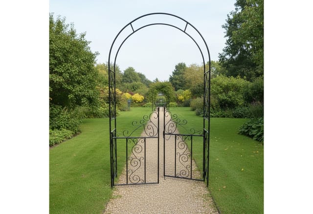 Relaxdays Rosenbogen Mit Tor, Ranken Ornamente, Vorgarten & Garten, Torbogen Hxbxt: 230 X 130 X 38 Cm, Metall, Schwarz