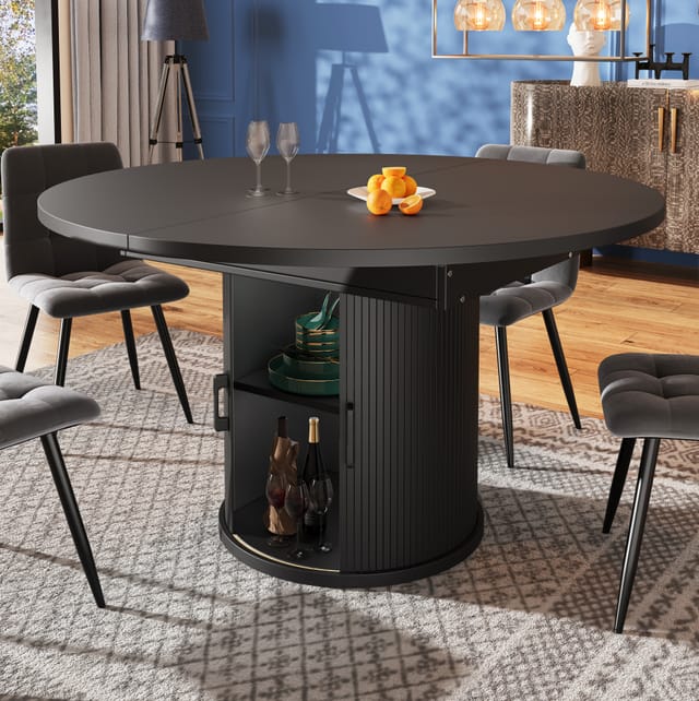 Table Extensible Mdf Schwarz, Rund Auf Oval, 118-158x118x76,8 Cm, Mit Stauraum